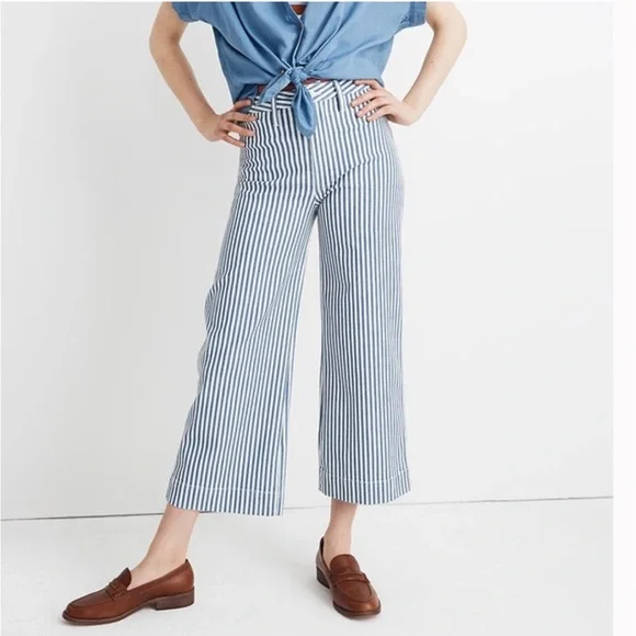 Madewell Blue/White Striped Wide Leg Cropped Pants - Picture 1 of 7
